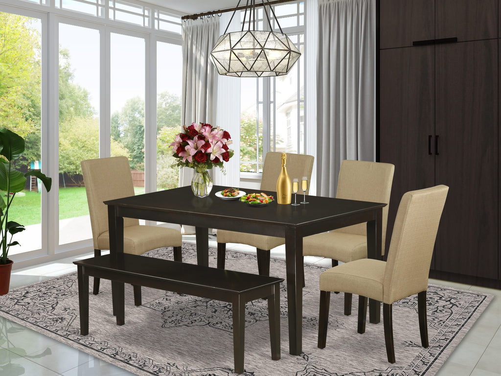CADR6-7U4-G7 6-Piece Dining Set Rectangle Table, 4 Linen Parson Chairs & Bench in Cappuccino, 36x60