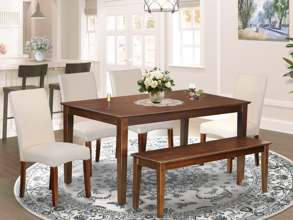 CADR6-JNU-E8 6-Piece Dining Set with Rectangular Table, 4 Cream Linen Chairs & Bench in Mahogany - 36x60 in