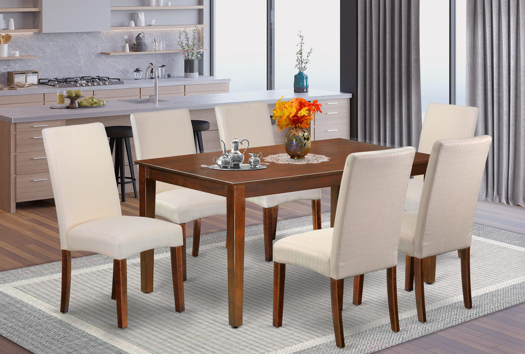 Contemporary Dining Set CADR7-7IA-SD Rustic Mahogany Table & 6 Cream Upholstered Chairs, 36x60 Inches