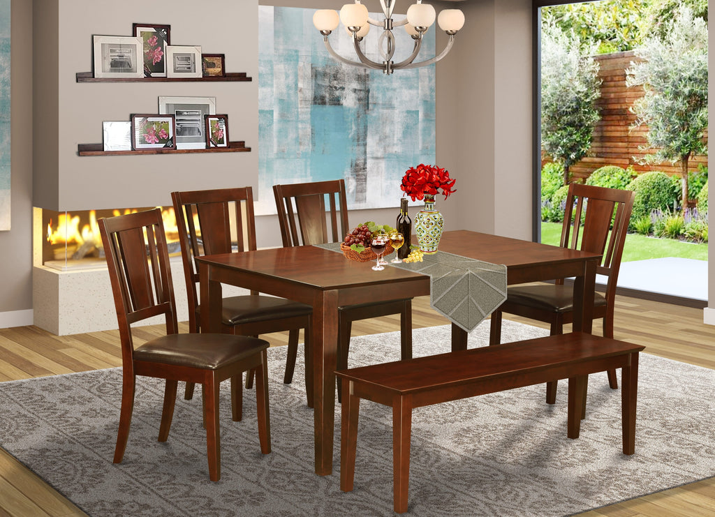 CADU68-9HG-EC 6-Piece Rectangle Dining Set with Table, Bench & 4 Faux Leather Chairs, Mahogany Tone