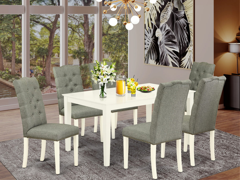 CAEL7-XUO-3L Seven-Seat Dining Ensemble with Upholstered Chairs and Wooden Table in Gray and Linen White, 36x60 Inch