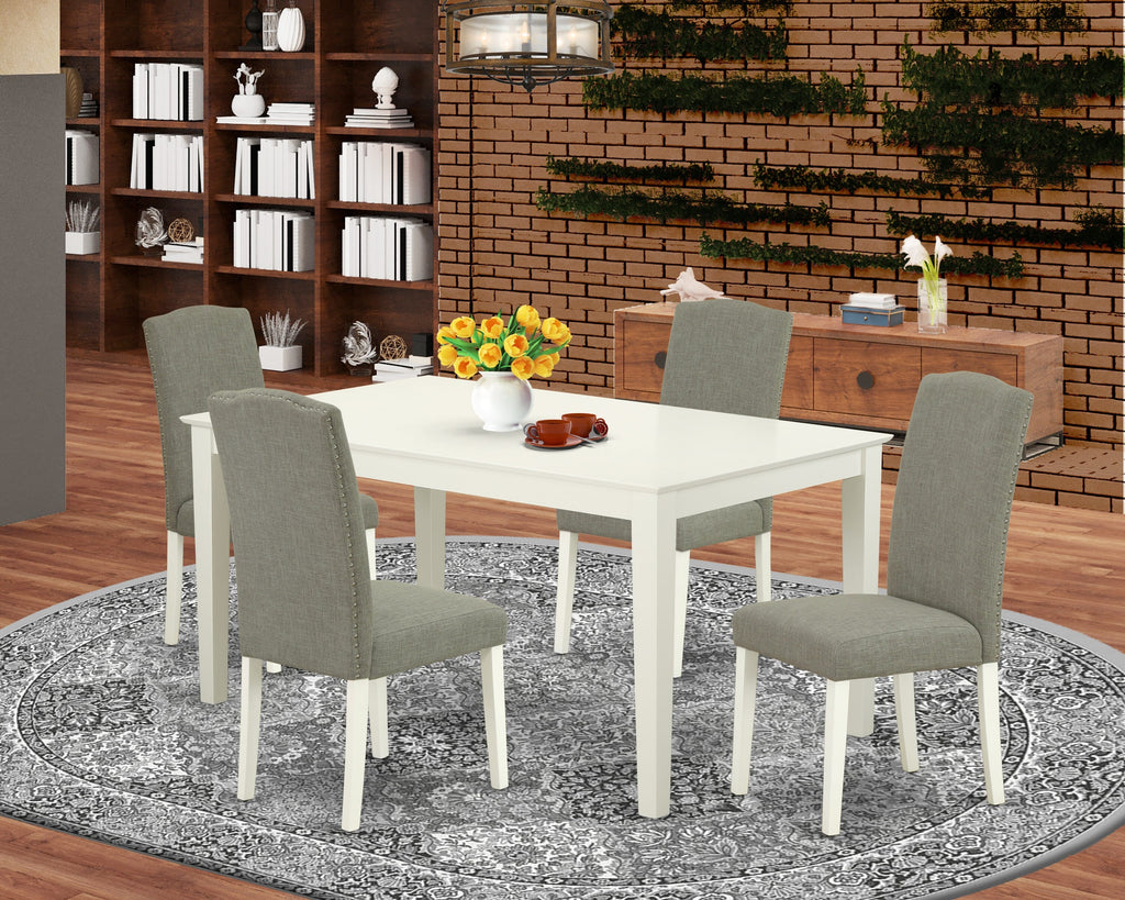CAEN5-QPB-3O Elegant 5-Piece Dining Ensemble with Rectangular Table & 4 Shitake Linen Upholstered Chairs, Linen White Finish