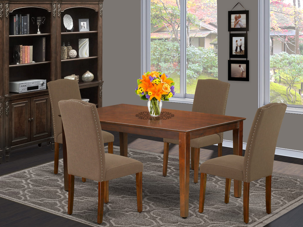CAEN5-92J-UR 5 Pc Dining Suite with Rectangular Table and 4 Dark Coffee Linen Parsons, Mahogany 36x60 in.