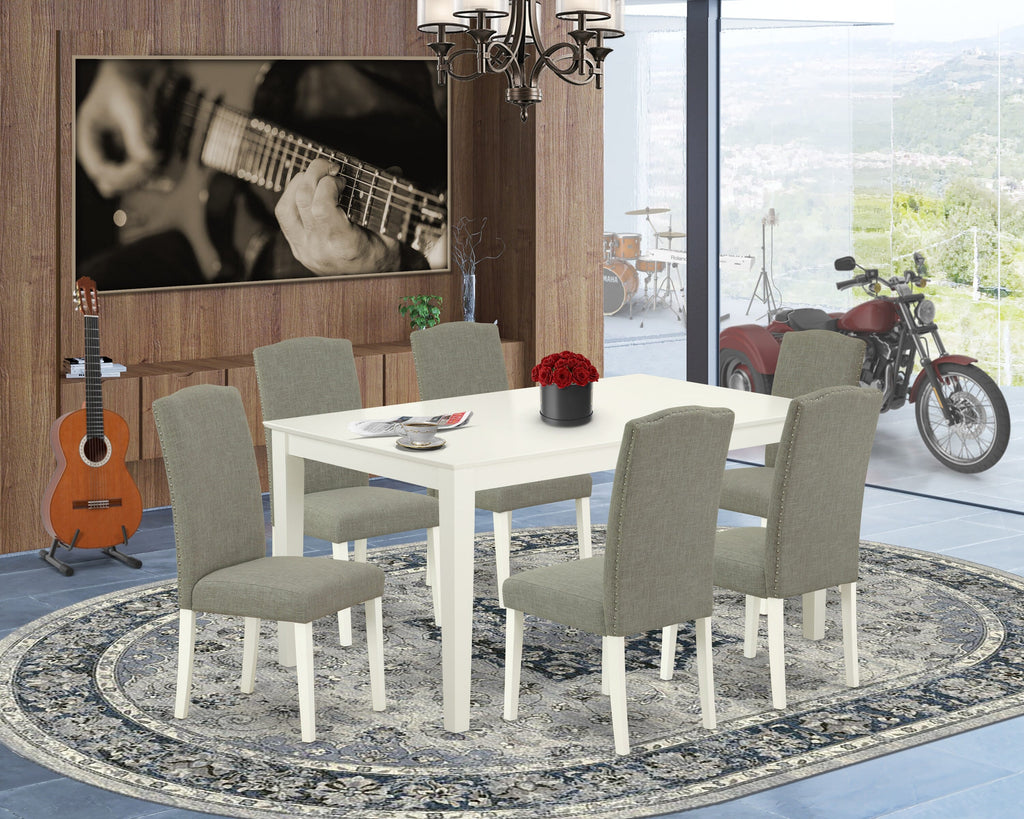 CAEN7-YD2-ZL 7-Piece Dining Ensemble with Table & 6 Parsons Chairs in Elegant Dark Fabric, White Finishing