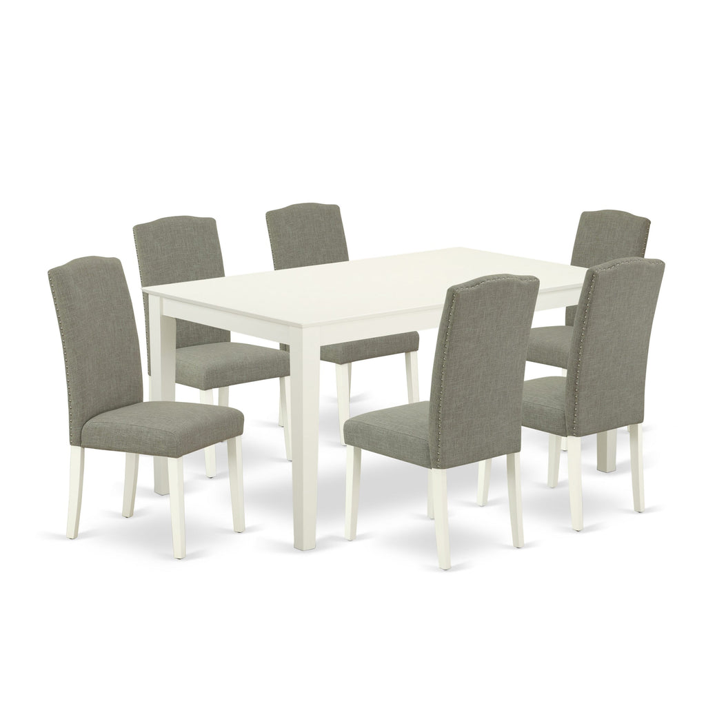 CAEN7-YD2-ZL 7-Piece Dining Ensemble with Table & 6 Parsons Chairs in Elegant Dark Fabric, White Finishing