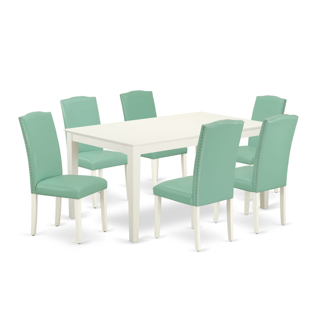 Dining Set CAEN7-BVF-UY Elegant 7-Piece Arrangement with Rectangular Table and 6 Pond Leather Parson Chairs, 36x60 - Linen White Finish