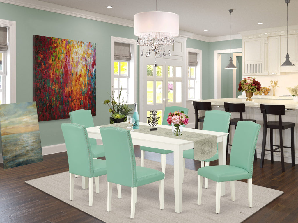 Dining Set CAEN7-BVF-UY Elegant 7-Piece Arrangement with Rectangular Table and 6 Pond Leather Parson Chairs, 36x60 - Linen White Finish