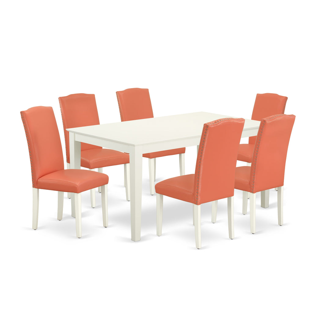 CAEN7-R2H-5M 7-Piece Dining Ensemble with Rectangular Table and 6 Flamingo Pink Faux Leather Chairs, 36x60 Inch, Soft Linen White Finish
