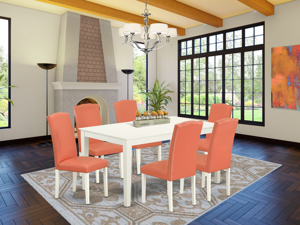 CAEN7-R2H-5M 7-Piece Dining Ensemble with Rectangular Table and 6 Flamingo Pink Faux Leather Chairs, 36x60 Inch, Soft Linen White Finish