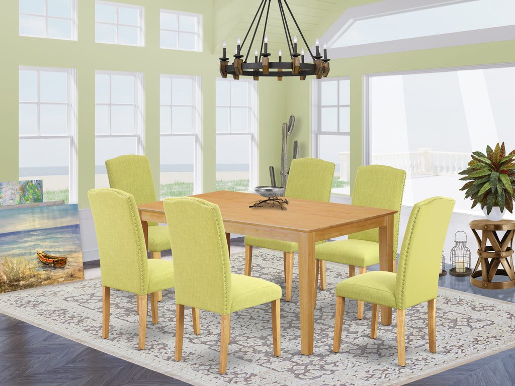 CAEN7-V5O-8F Oak 7-Piece Dining Collection with Parson Chairs and Table, Limelight Linen