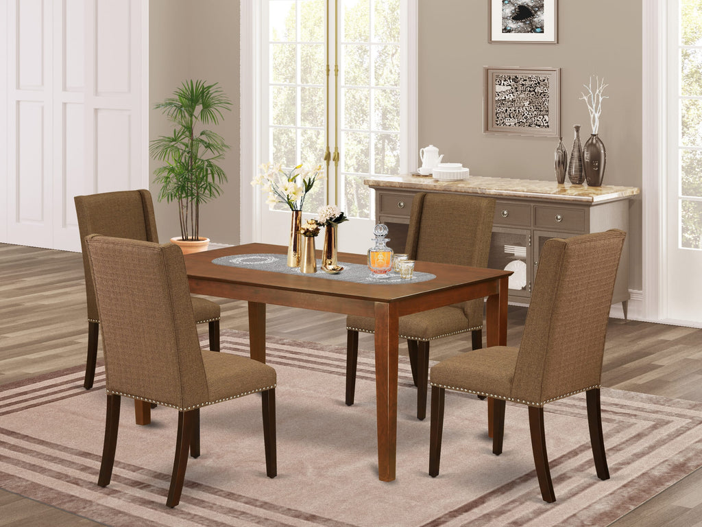 CAFL5-6LK-2I 5-Piece Dining Set with 60 by 36-inch Table and Four Brown Fabric Parsons Chairs, Mahogany Finish