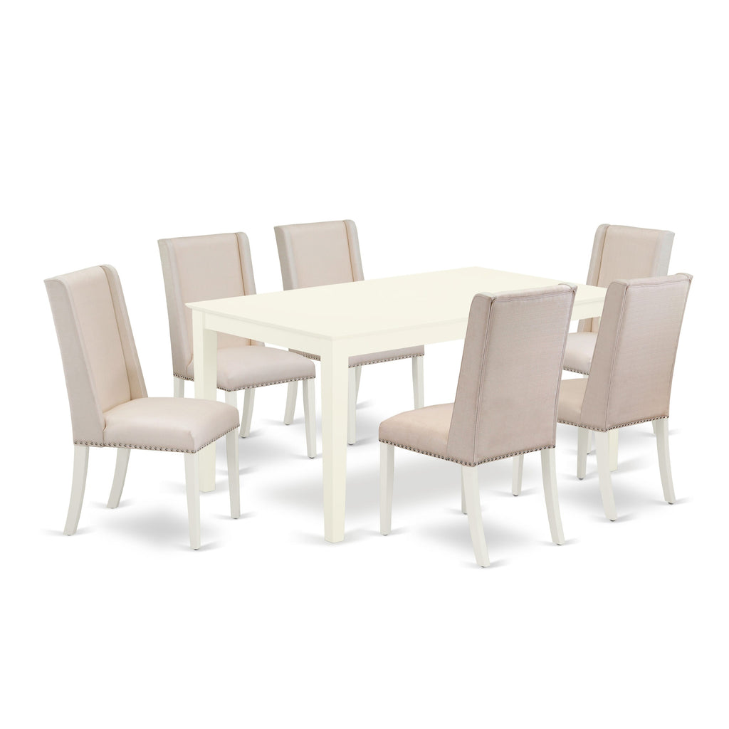 CAFL7-DRD-7F Elegant Rectangular Dining Set with 6 Cream Upholstered Parsons Chairs, 7-Piece, Linen White Finish