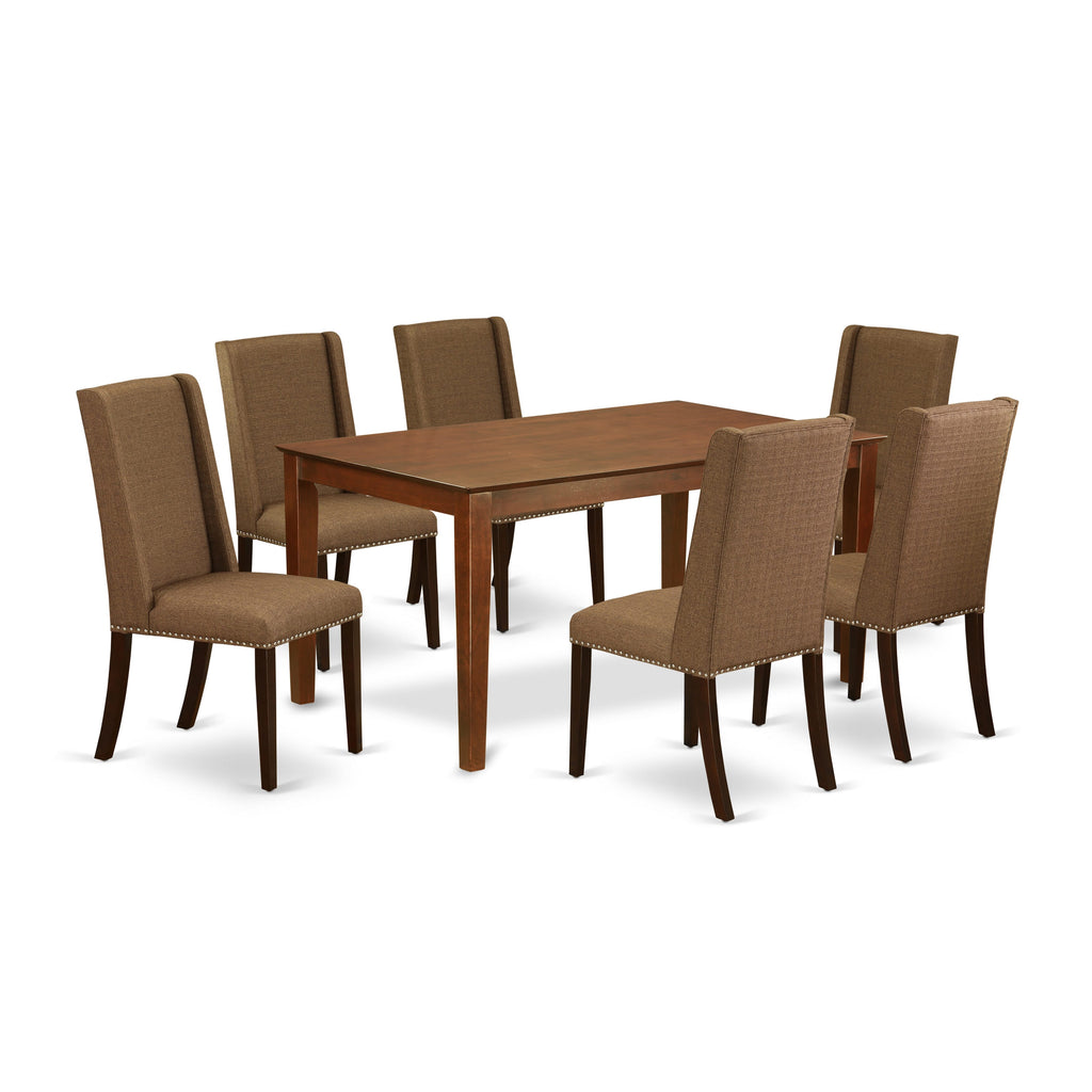 CAFL7-2NS-2C 7-Piece Dining Set with Rectangle Table & 6 Fabric Parson Chairs in Mahogany Finish