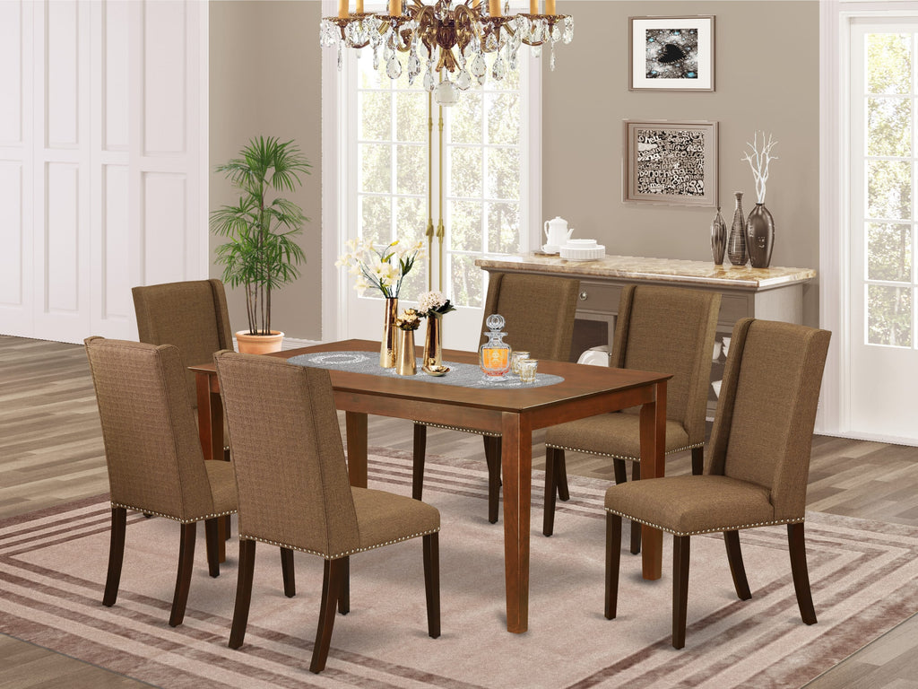 CAFL7-2NS-2C 7-Piece Dining Set with Rectangle Table & 6 Fabric Parson Chairs in Mahogany Finish