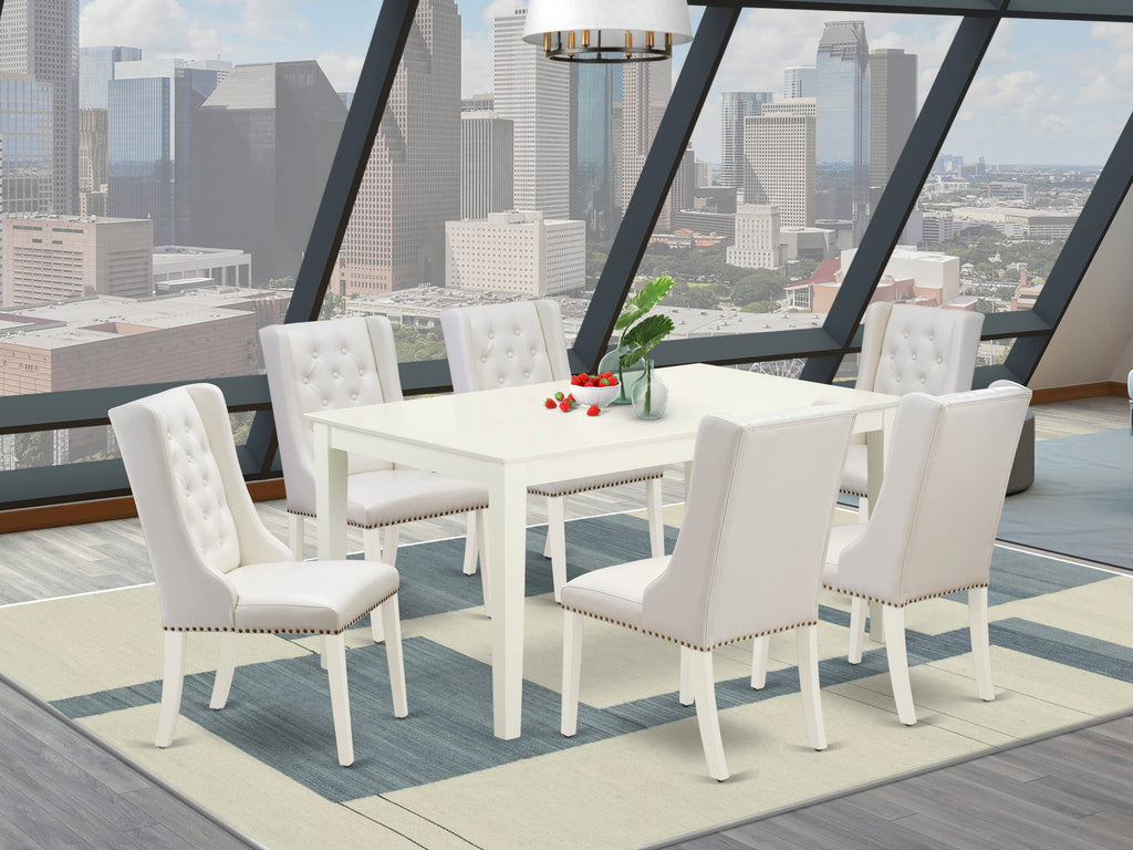 CAFO7-28N-2U 7-Piece Set Rectangular Linen White Table with 6 Upholstered Light Gray Faux Leather Chairs, 36x60