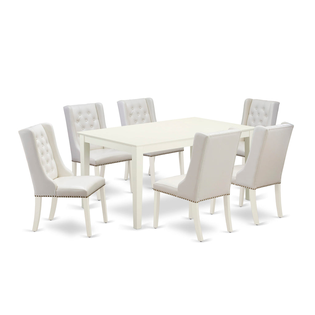 CAFO7-28N-2U 7-Piece Set Rectangular Linen White Table with 6 Upholstered Light Gray Faux Leather Chairs, 36x60