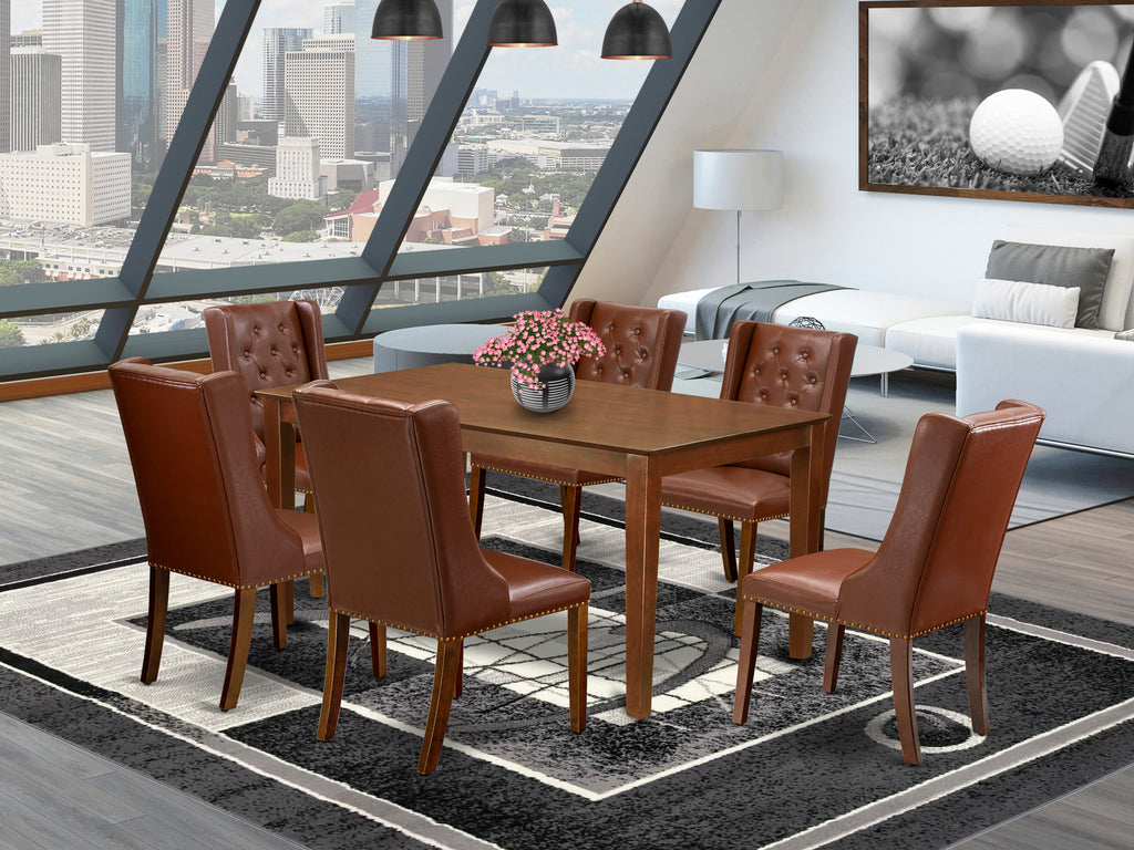 CAFO7-R2L-F2 7-Piece Dining Suite Featuring Rectangular Wood Table & 6 Brown Leather-like Chairs, 36x60, Mahogany Finish
