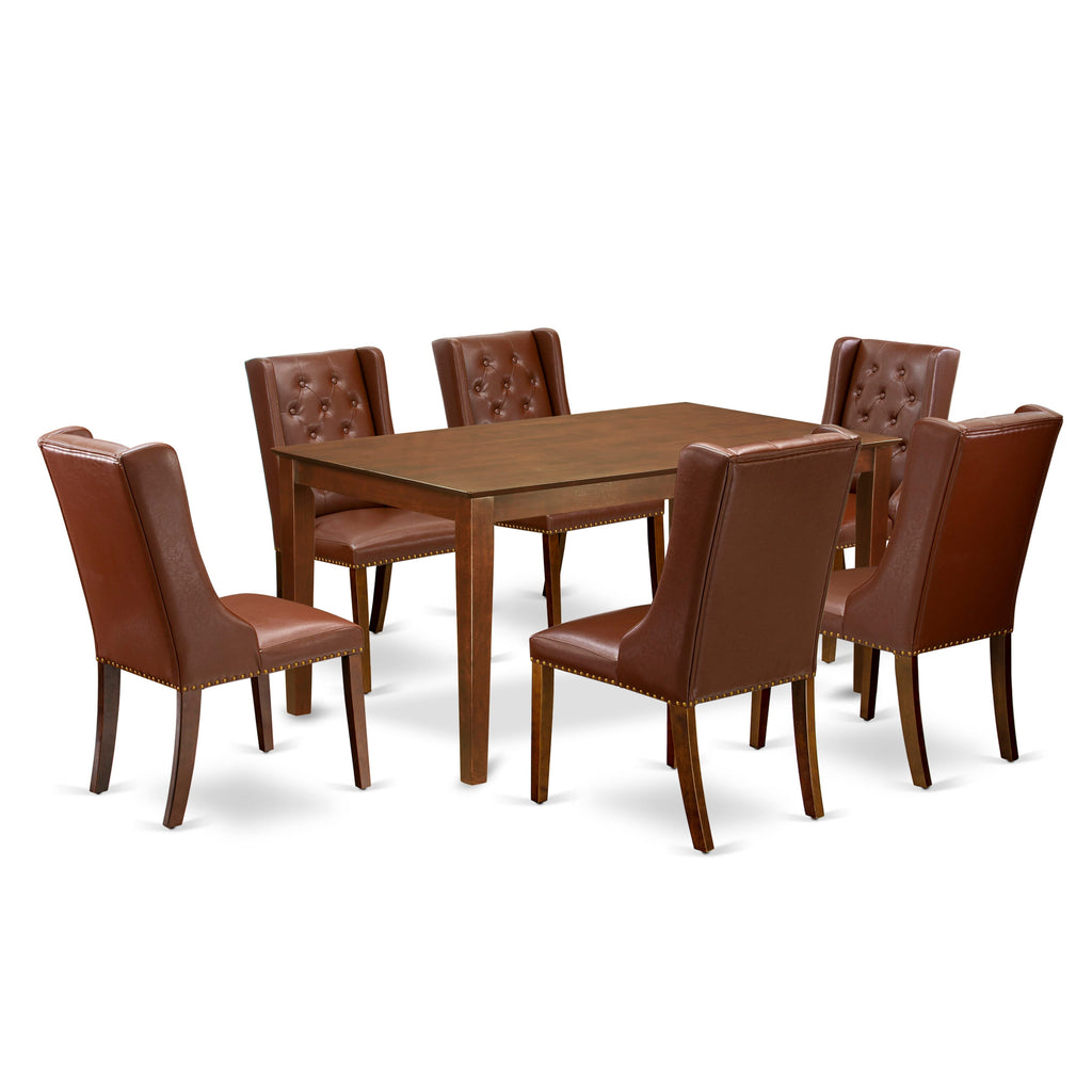 CAFO7-R2L-F2 7-Piece Dining Suite Featuring Rectangular Wood Table & 6 Brown Leather-like Chairs, 36x60, Mahogany Finish