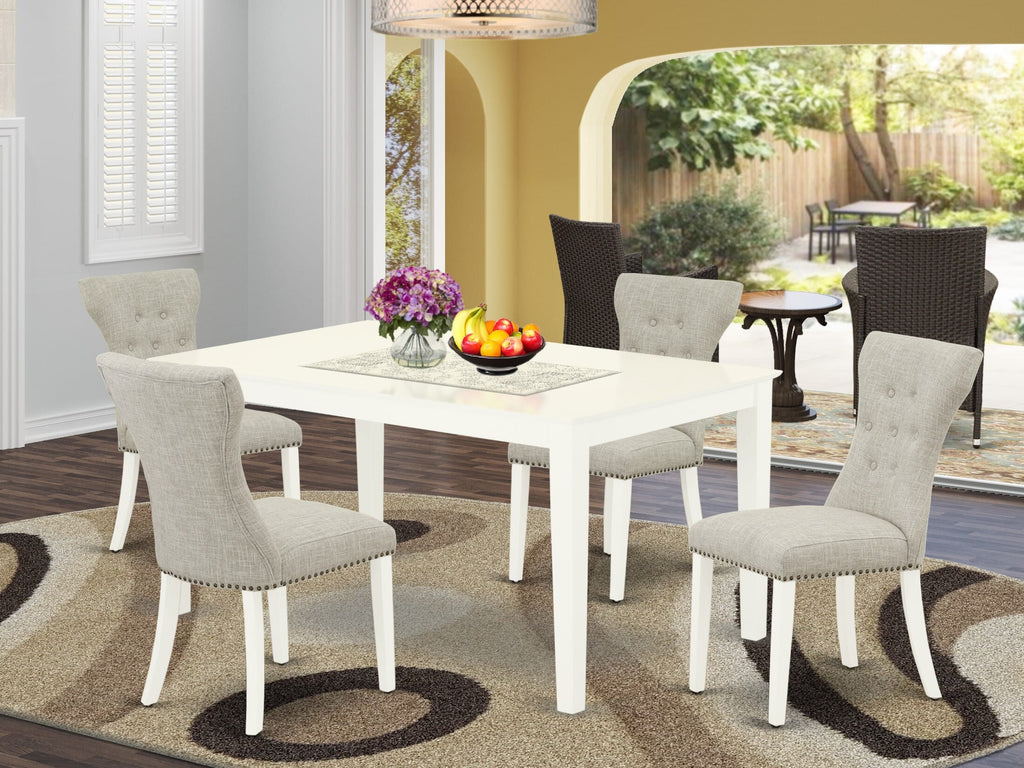 CAGA5-N00-SU Chic 5-Piece Dining Ensemble Rectangle Table & 4 Doeskin Fabric Parsons Chairs, 36 x 60, Linen White
