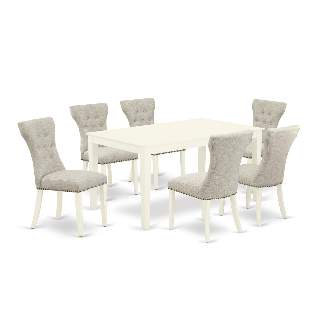 CAGA7-BZ6-BH 7-Pc Dining Ensemble with Rectangle Table & 6 Doeskin Linen Padded Chairs, 36x60, Light Cream