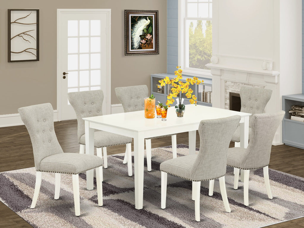 CAGA7-BZ6-BH 7-Pc Dining Ensemble with Rectangle Table & 6 Doeskin Linen Padded Chairs, 36x60, Light Cream