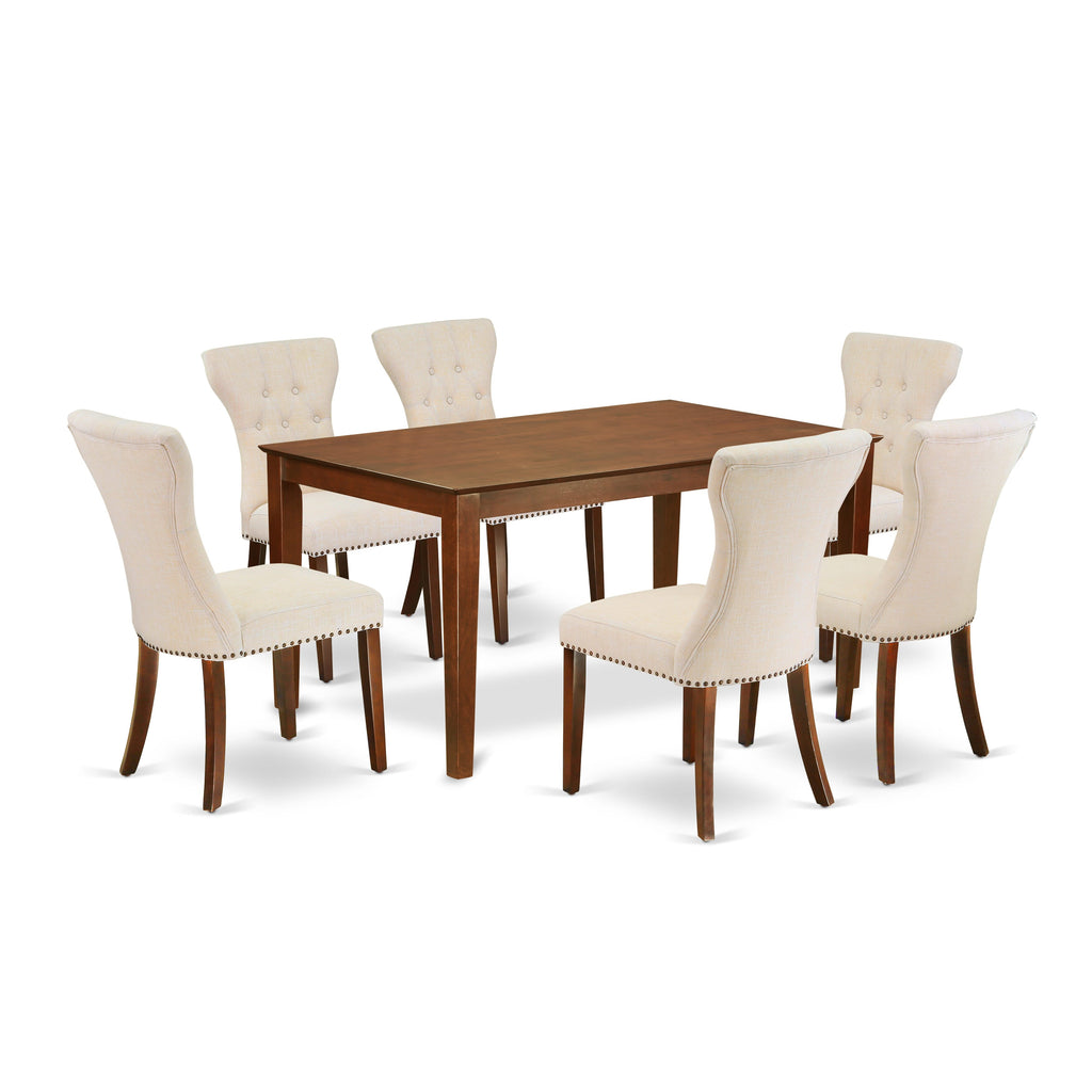 CAGA7-40T-1X Elegant 7-Piece Dining Ensemble Rectangular Table & 6 Beige Linen Parsons Chairs, 36x60 Mahogany