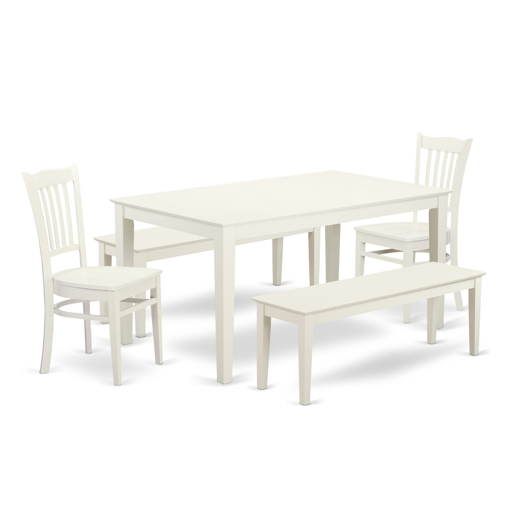 CAGR55-X7W-W 5-Piece Kitchen Set White Rectangle Table, 2 Chairs, 2 Benches for Dining Area