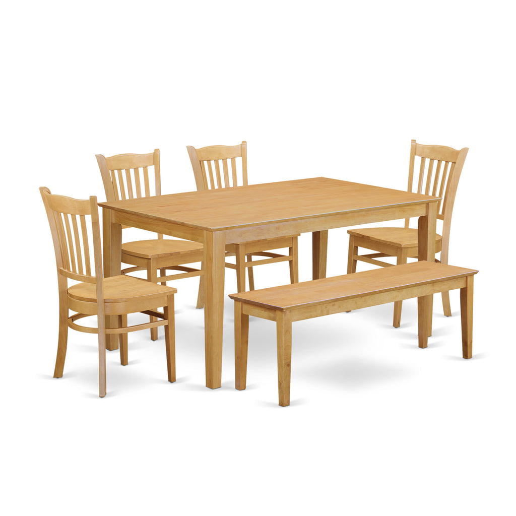 CAGR6-QXC-4 Oak Dining Set - 6 Piece Rectangle Table, 4 Chairs, Bench Fit for Kitchen