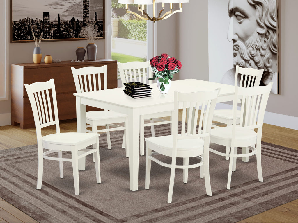 CAGR7-ULD-1 Elegant 7 Piece Dining Set with Rectangular Table and 6 Wood Seat Chairs, 36x60, Linen White Finish