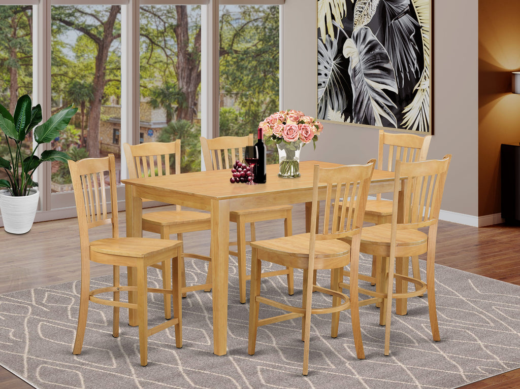 CAGR78-MYJ-O Cottage Style 7-Piece High Top Dining Set with Rectangular Table and Six Chairs, 36x60, Warm Oak Finish