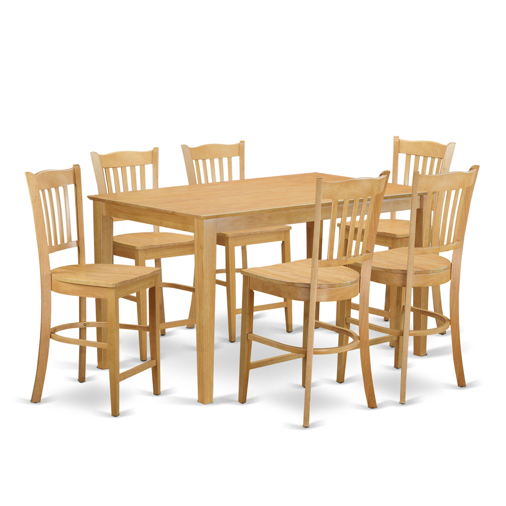 CAGR78-MYJ-O Cottage Style 7-Piece High Top Dining Set with Rectangular Table and Six Chairs, 36x60, Warm Oak Finish