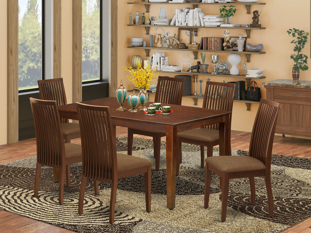 CAIP7-UDX-1 Elegant 7 Piece Dining Set with Rectangular Table & 6 Linen Chairs, Rich Mahogany Finish, 36x60