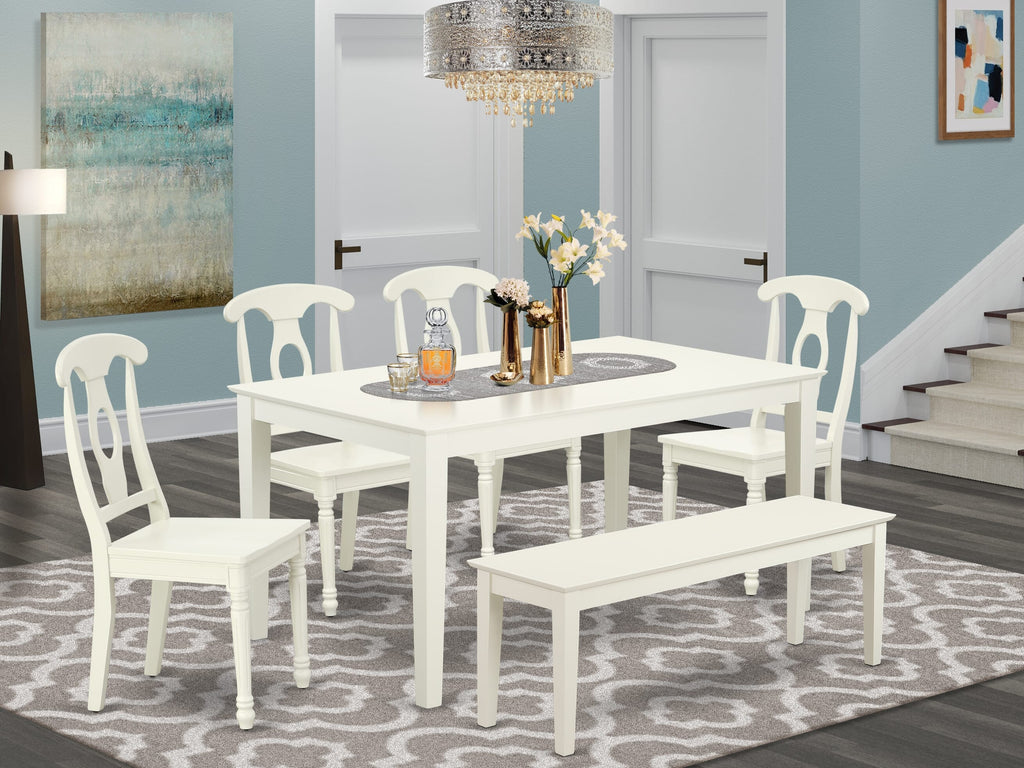 CAKE6-45I-0 Chic 6-Piece Dining Set with Rectangle Table, 4 Chairs & Bench - 36x60 Linen White