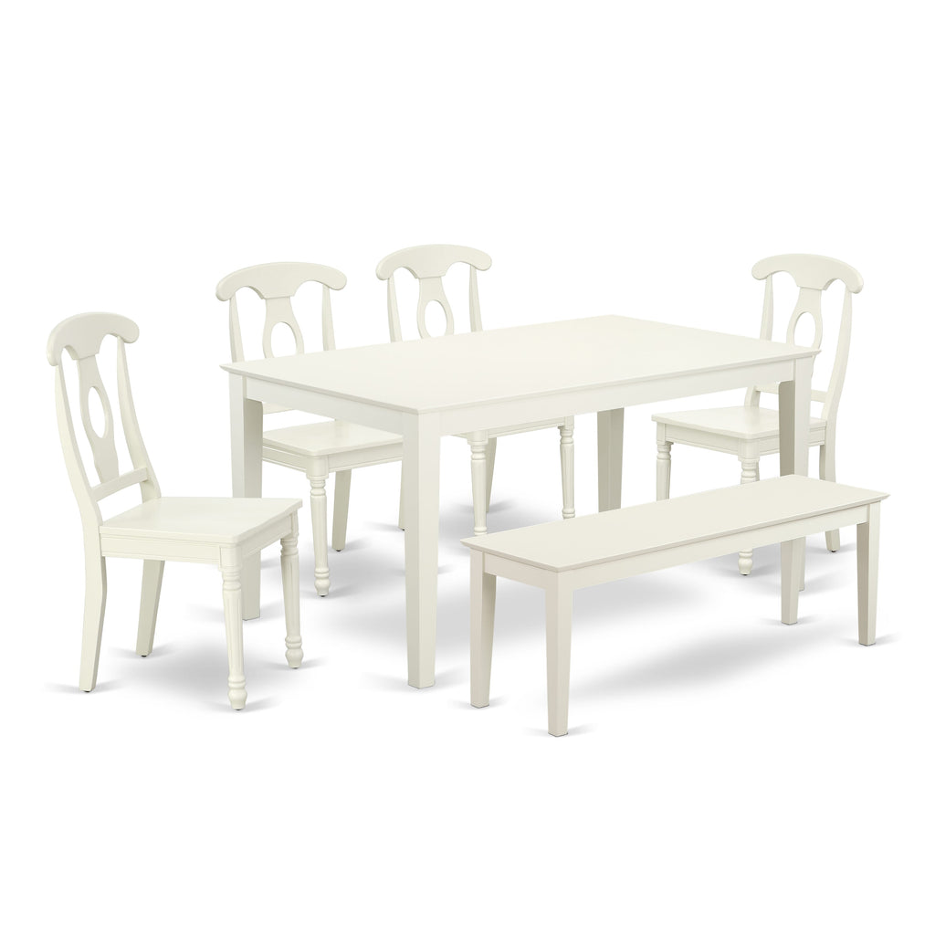 CAKE6-45I-0 Chic 6-Piece Dining Set with Rectangle Table, 4 Chairs & Bench - 36x60 Linen White