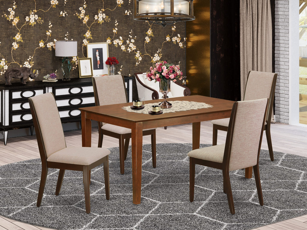 CALA5-1TR-VT 5-Piece Dining Set Rectangular Table with Light Tan Linen Chairs for 4, Mahogany Elegance