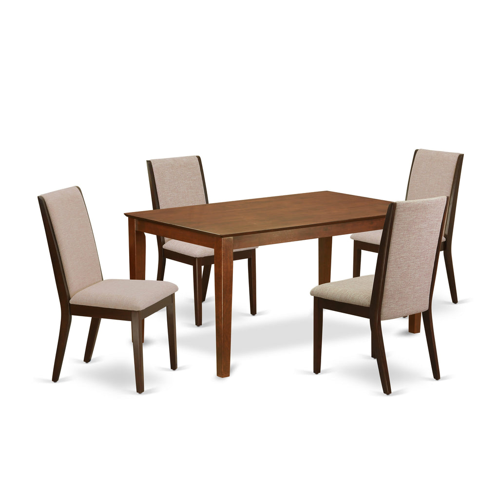 CALA5-1TR-VT 5-Piece Dining Set Rectangular Table with Light Tan Linen Chairs for 4, Mahogany Elegance