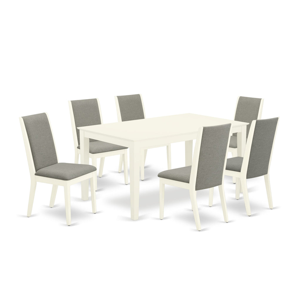 CALA7-Y97-JC 7-Piece Dining Set Rectangular Table with Shitake Linen Chairs, 36x60, Linen White