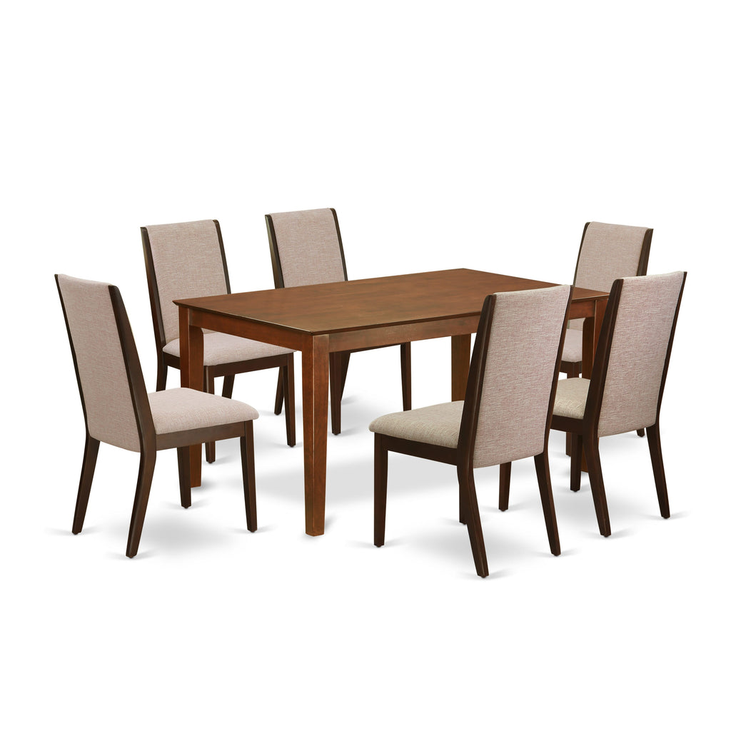 CALA7-PHU-D2 7-Piece Mahogany Rectangle Dining Table Set & 6 Tan Linen Chairs, 36x60