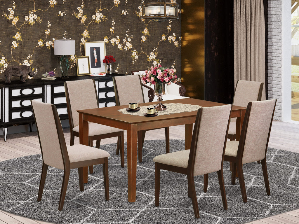 CALA7-PHU-D2 7-Piece Mahogany Rectangle Dining Table Set & 6 Tan Linen Chairs, 36x60
