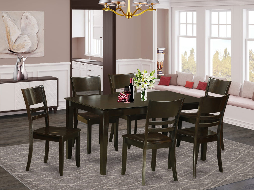 CALY7-KY0-P 7-Piece Contemporary Dining Ensemble with Rectangle Table & Six Chairs, 36x60 Inch, Coffee Hue