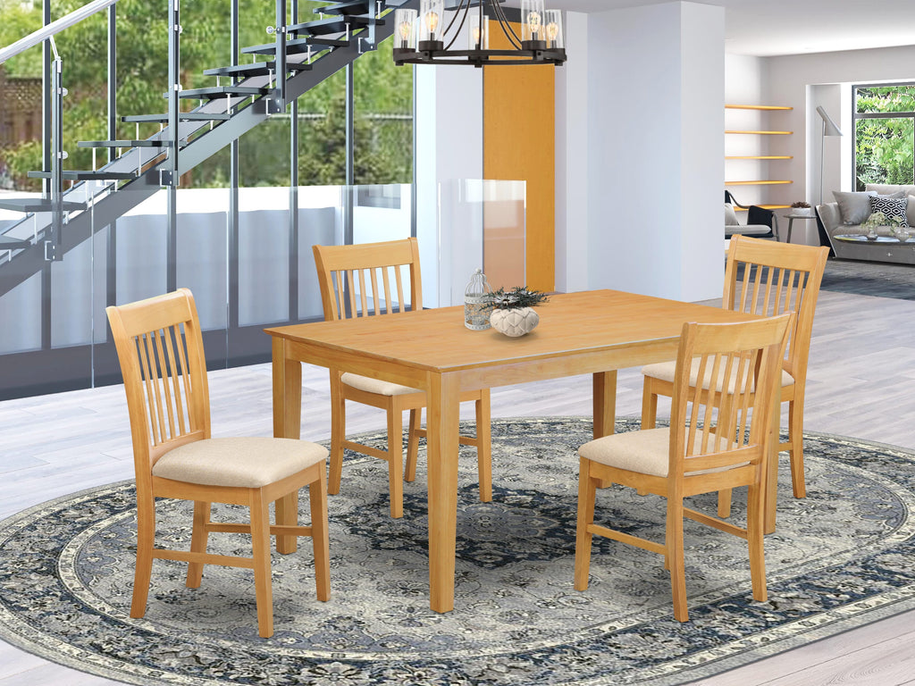 CANO5-Z4O-D 5-Piece Oak Dining Set with Rectangle Table & Linen Upholstered Chairs, 36x60 Inch