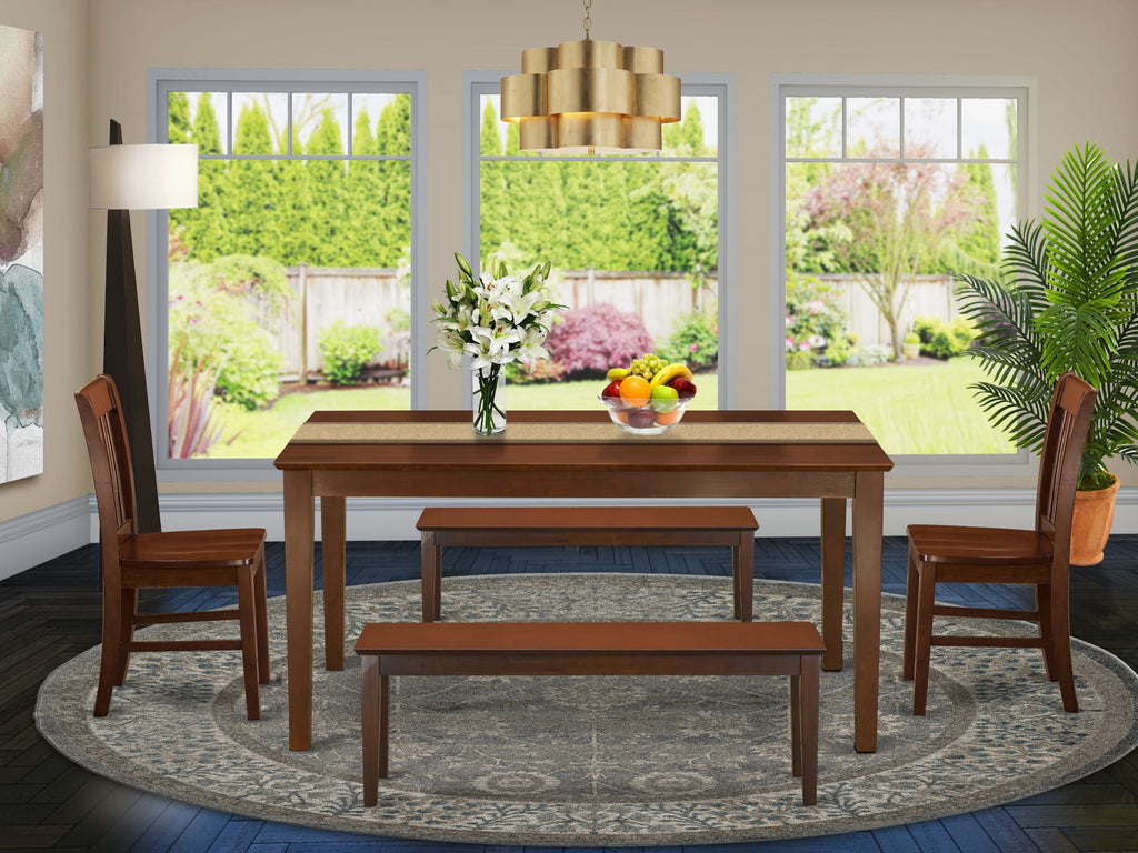 CANO55-RZ1-O Elegant 5 Piece Dining Set with Rectangle Table, 2 Chairs & Benches, Mahogany Finish