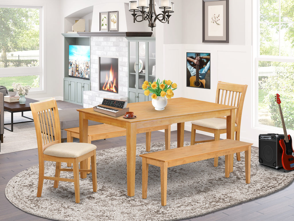 CANO58-GFI-9 9-Piece Dining Set with Linen Chairs and Benches, 36x60 Oak Table