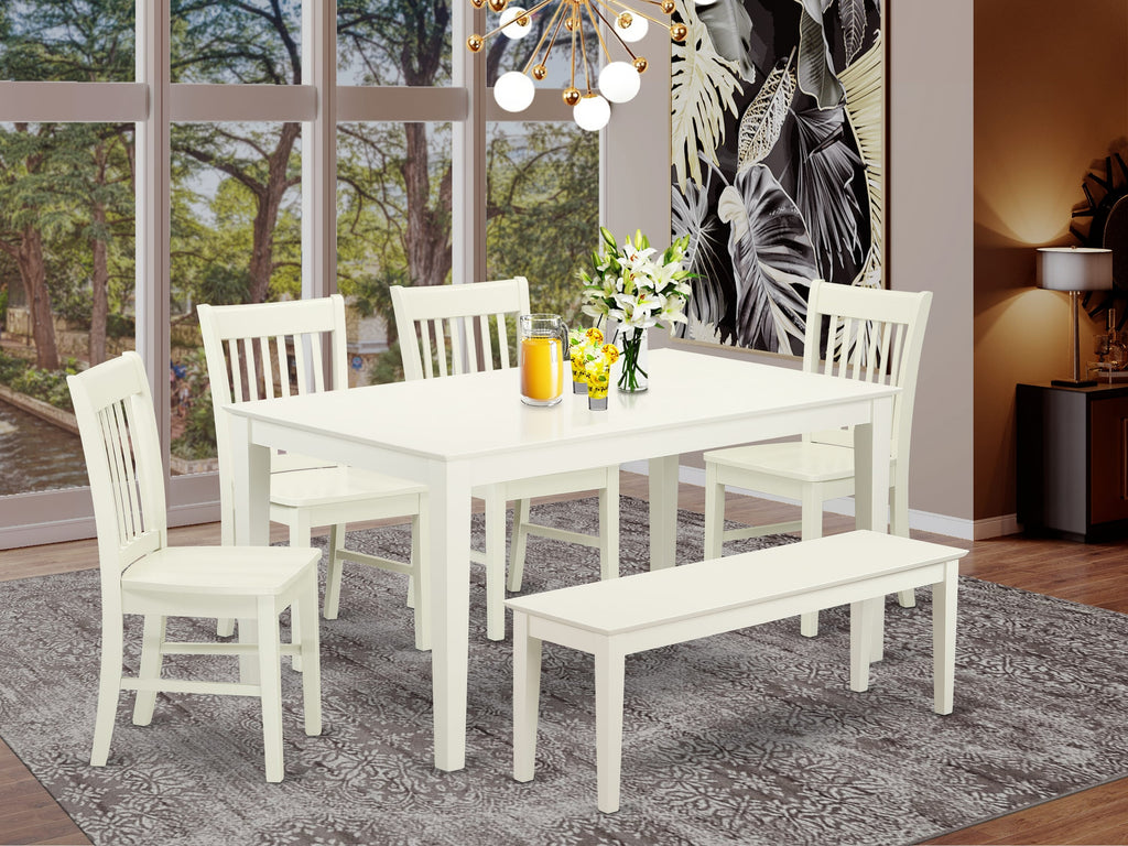 CANO6-1H8-7 6-Piece Dining Ensemble with Rectangular Table, 4 Chairs, and Bench in Classic Linen White, 36x60