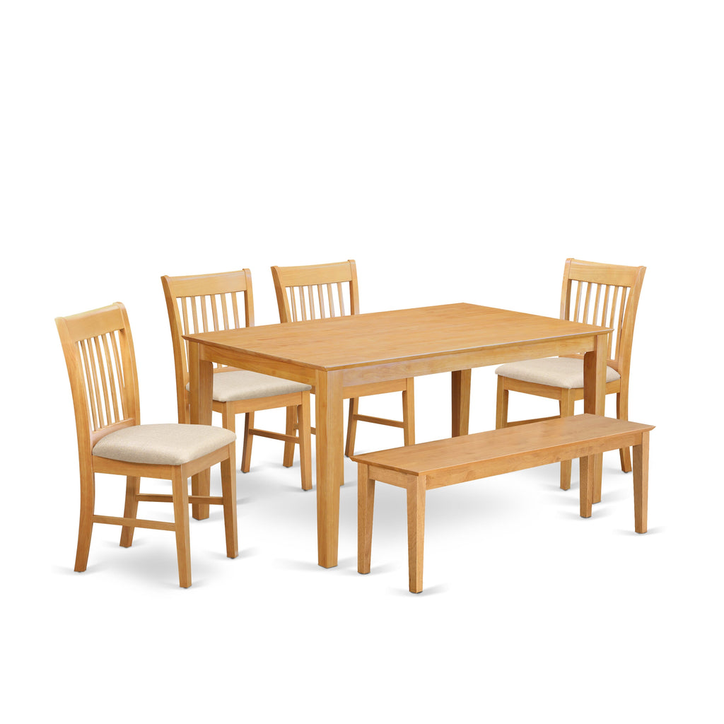 CANO6-06U-7 6-Piece Set Rectangular Oak Dining Table, 4 Upholstered Chairs & Bench, Ideal for Kitchens