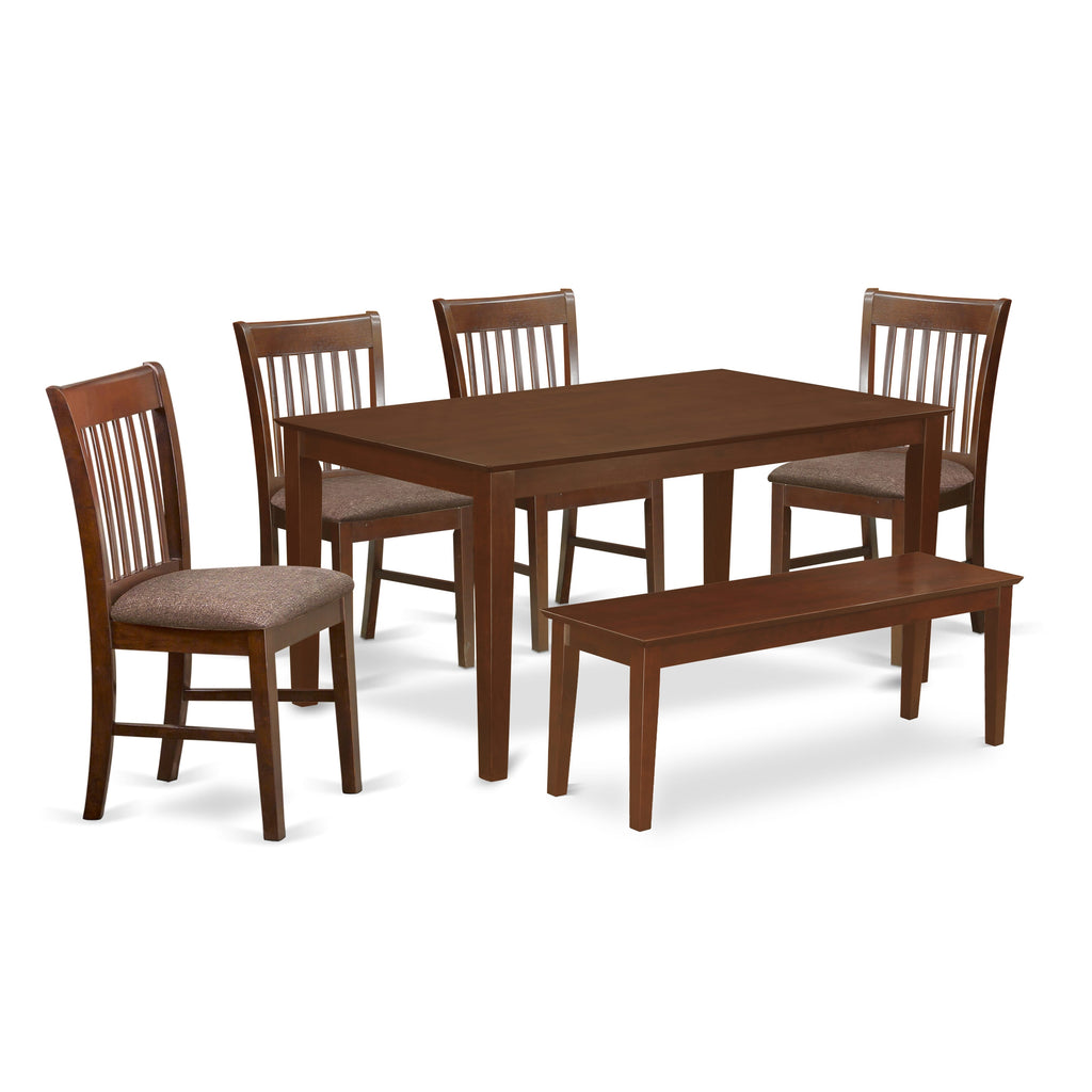 CANO6O-3XN-6 6-Piece Set Mahogany Dining Table with Bench & 4 Linen-Covered Chairs, 36x60