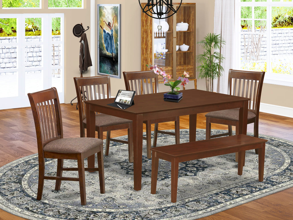 CANO6O-3XN-6 6-Piece Set Mahogany Dining Table with Bench & 4 Linen-Covered Chairs, 36x60