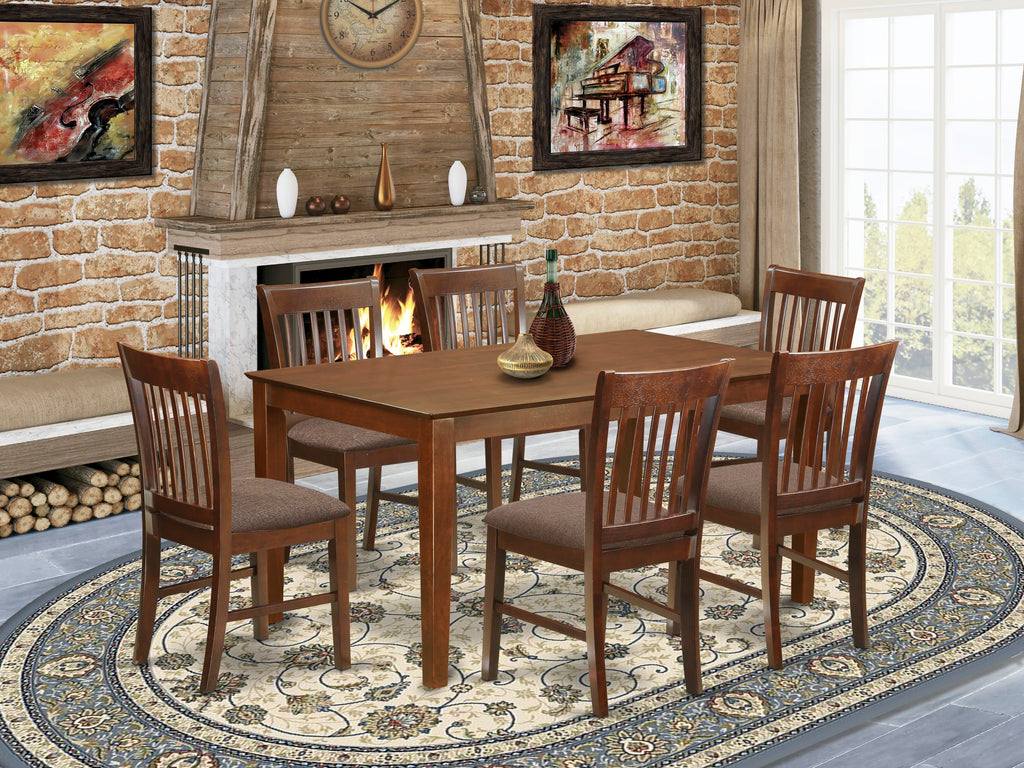 CANO7-T3Q-V Mahogany 7-Piece Dining Set with Wooden Table & Linen Chairs