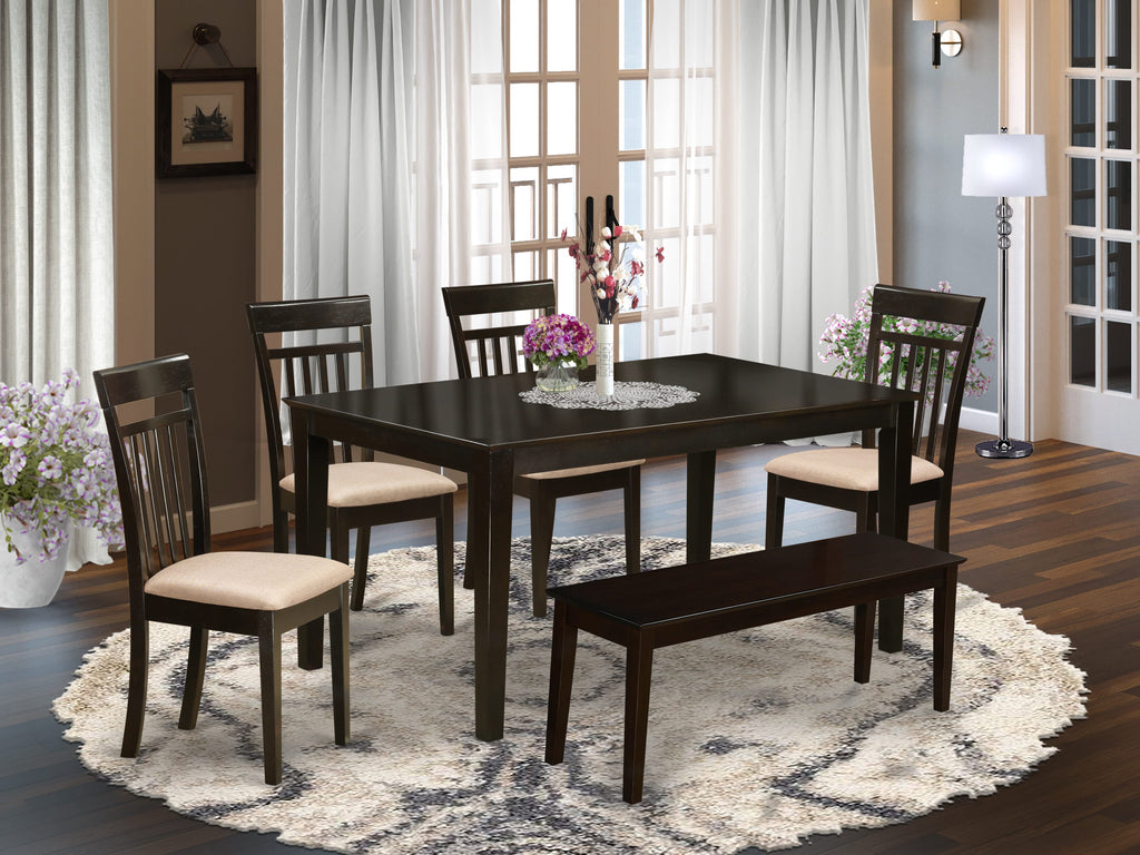 CAP6S-MPE-Z 6-Piece Dining Set Rectangle Table plus Bench and Upholstered Chairs, 36x60
