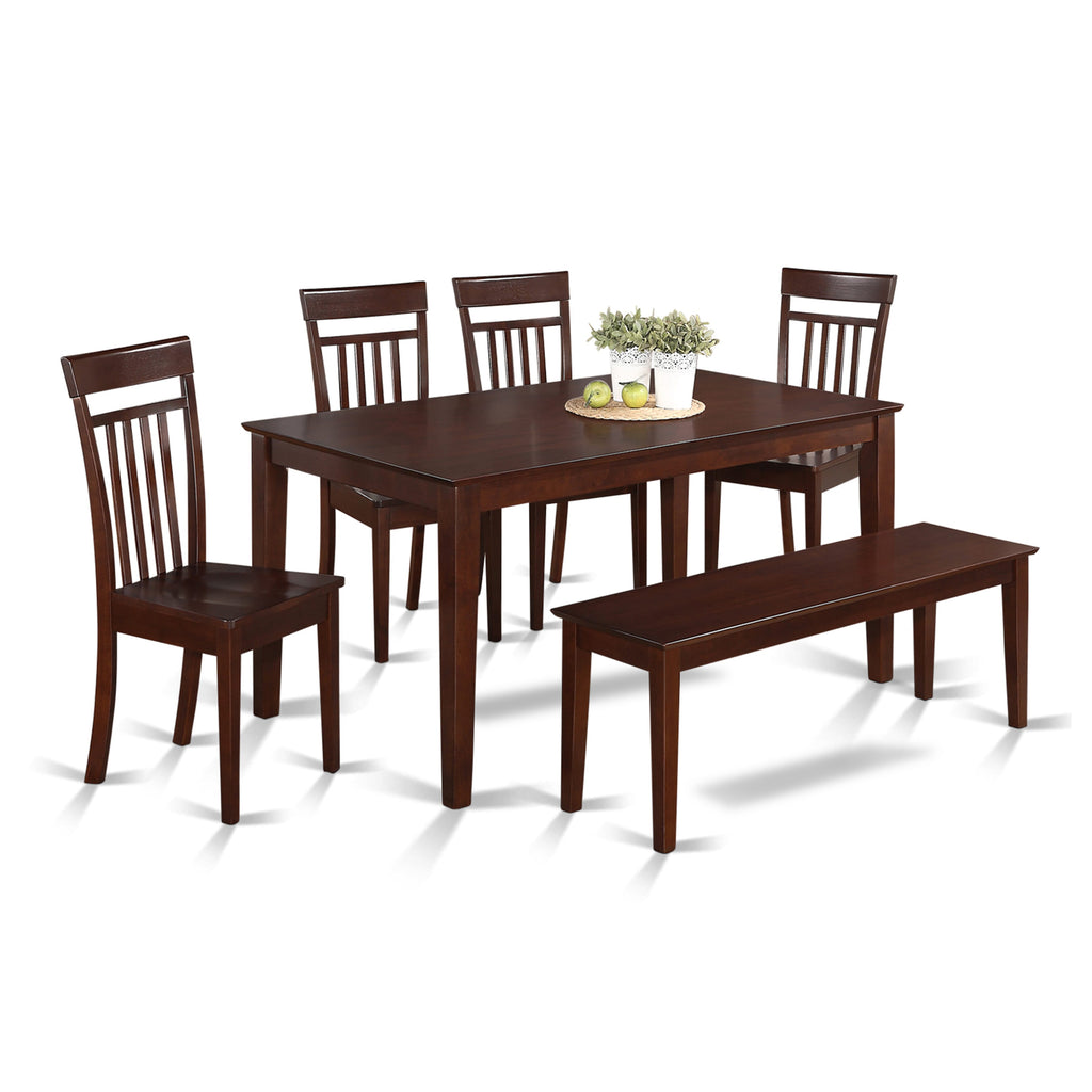 CAP6S-17J-C 6-Piece Dining Ensemble with Rectangular Table, 4 Wood Chairs & Bench, 36x60 Mahogany Finish
